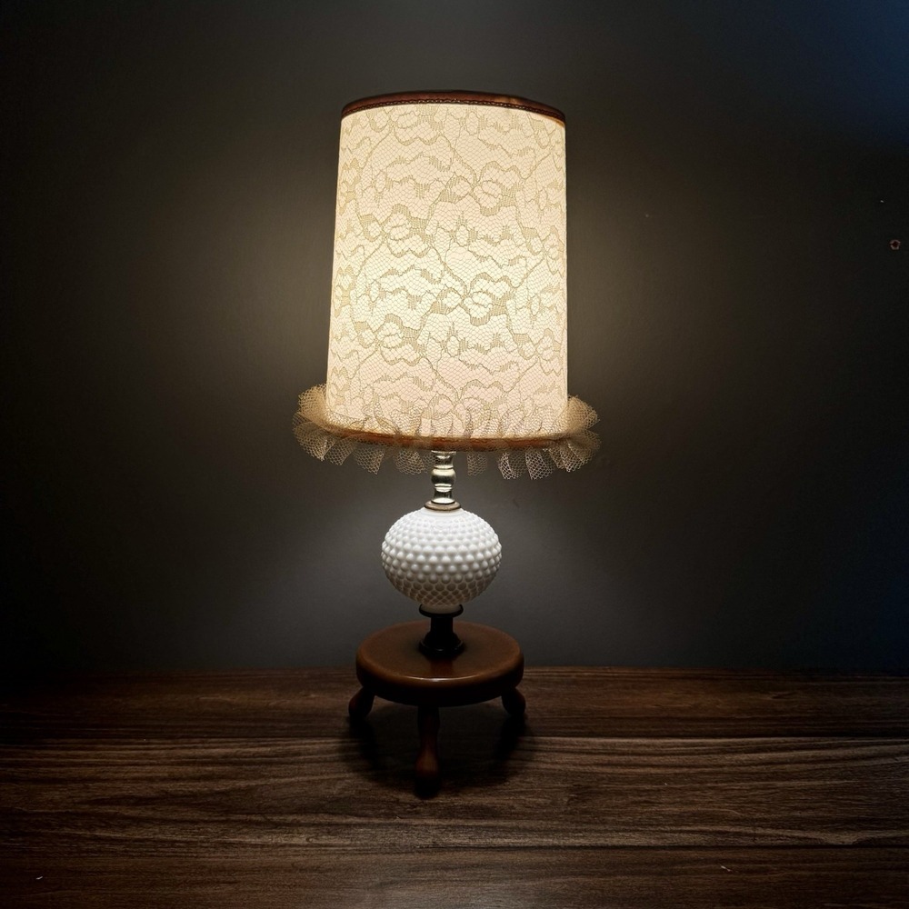 Vintage Hobnail Milk Glass Table Lamp Wooden Stand 18"